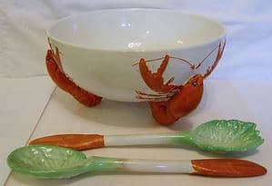 Carlton Ware Tri-footed Lobster Large Round Salad Bowl with Servers - 1950s - SOLD