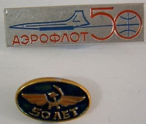 Original Russian Pin Badges - Aeroflot - 50 Years Serving The Nation - 2 Badges