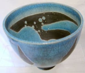 Raku Pottery Decorated Blue Dish - Blue Crackle