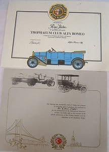 Trophaeum Club Alfa Romeo Certificate - Turkish Automobile Club of Istanbul - SOLD