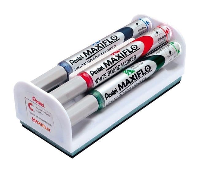 Pentel Maxiflo Medium Dry Wipe Markers & Magnetic Eraser Set- 4 Assorted Colours